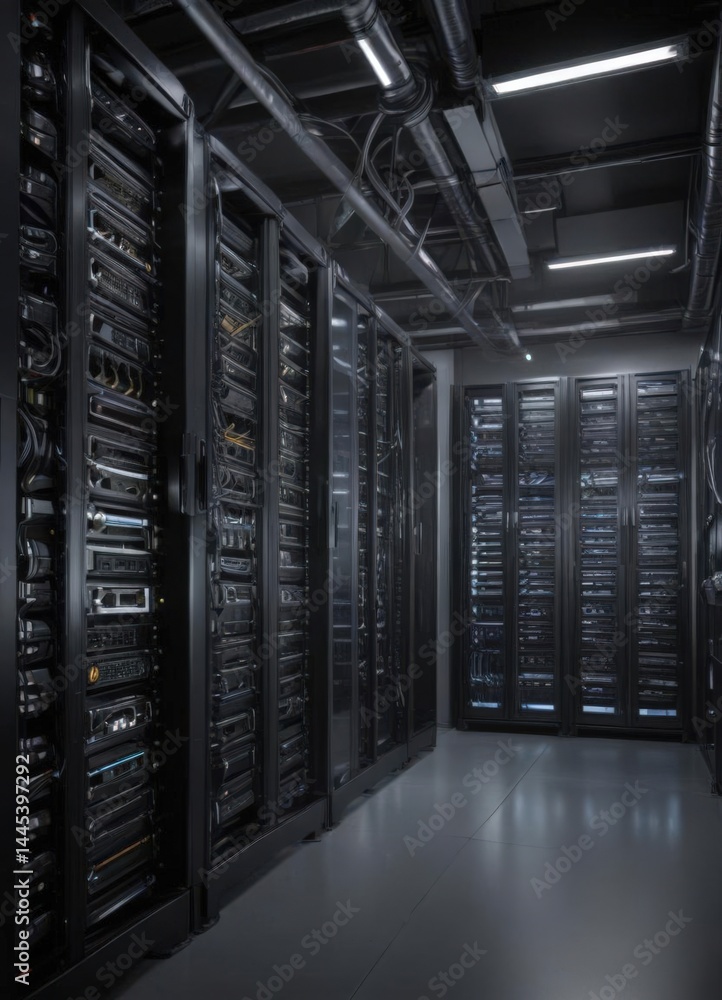 Gleaming server racks and complex network cabling in a high-tech server room , database, hardware, data processing Gleaming server racks and complex network cabling in a high-tech server room , database, hardware, data processing