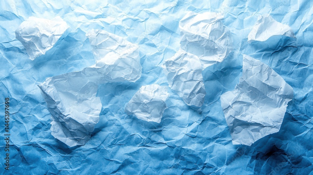 Fototapeta premium Abstract crumpled paper with varying shades of blue and white creating a textured background perfect for design projects and creative concepts