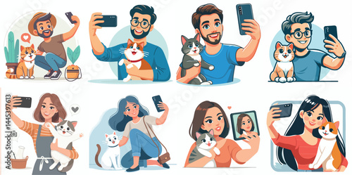 Vector Set: People Taking Selfies with Their Cats