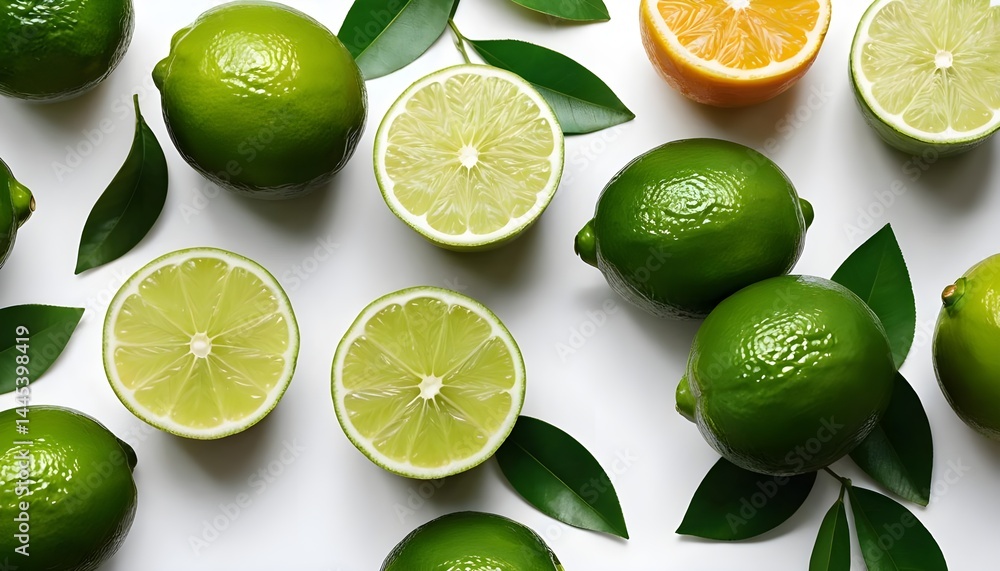 Fresh Limes and Orange Slices with Leaves Fresh Limes and Orange Slices with Leaves