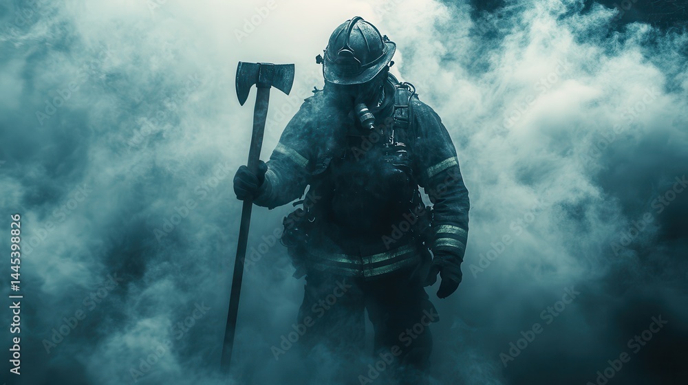 Obraz premium Heroic firefighter in smoke with axe: male in protective gear battling fire