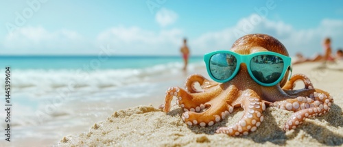 Fototapeta Naklejka Na Ścianę i Meble -  Funny animals - summer vacation travel tourism holiday ocean background - octopus with sunglasses on the beach
