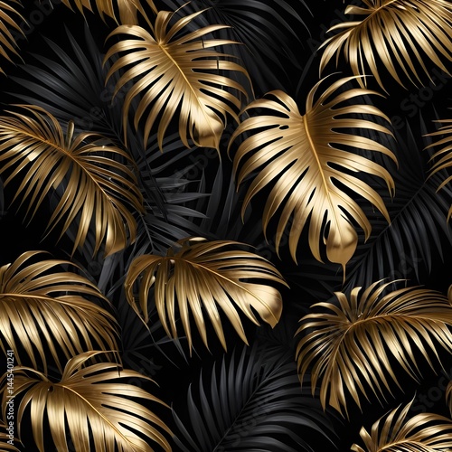 Golden Tropical Leaves on Black Background