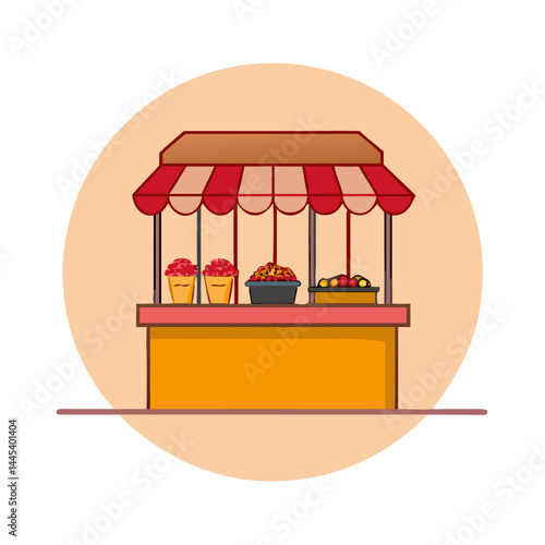 Orange market stall with striped canopy and cupcakes