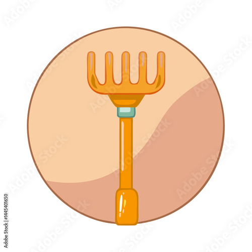 Orange garden rake icon on round background