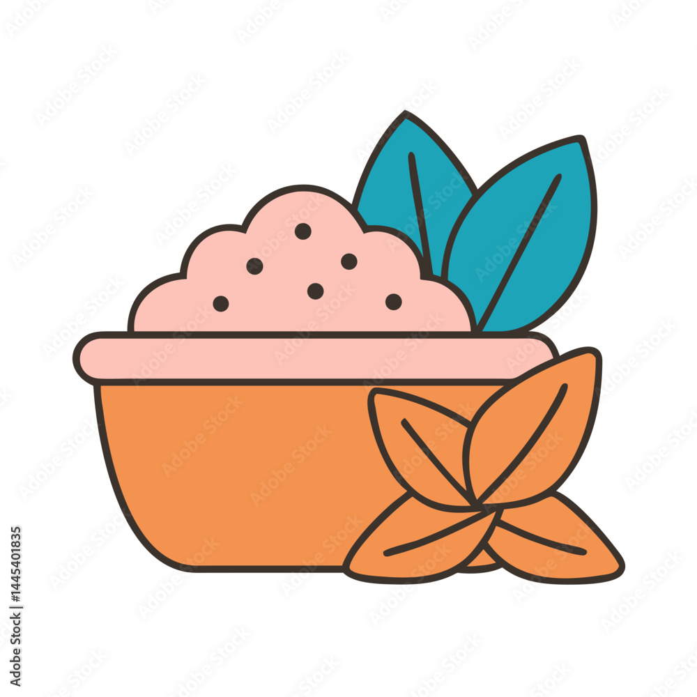 Fototapeta premium Bowl with scrub and leaves in minimal flat illustration