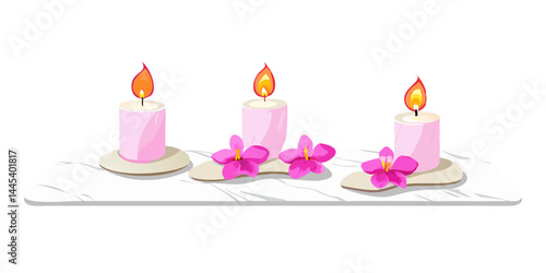 Pink spa candles and petals on white background