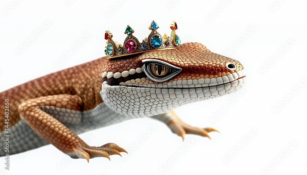 Tan and Brown Lizard Wearing Jeweled Gold Crown on White Background Isolated Illustration Flat Design Perfect for Decoration and Digital Illustration and Reptile Fantasy and Myth