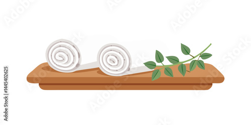 Rolled towels with leaves on wooden tray