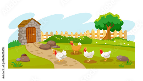 Chickens near coop on green countryside path