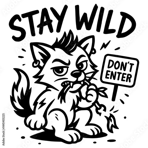 Wild Wolf Cartoon Silhouette. Angry cartoon wolf chewing a plant with “Stay Wild” . Funny rebellious animal silhouette