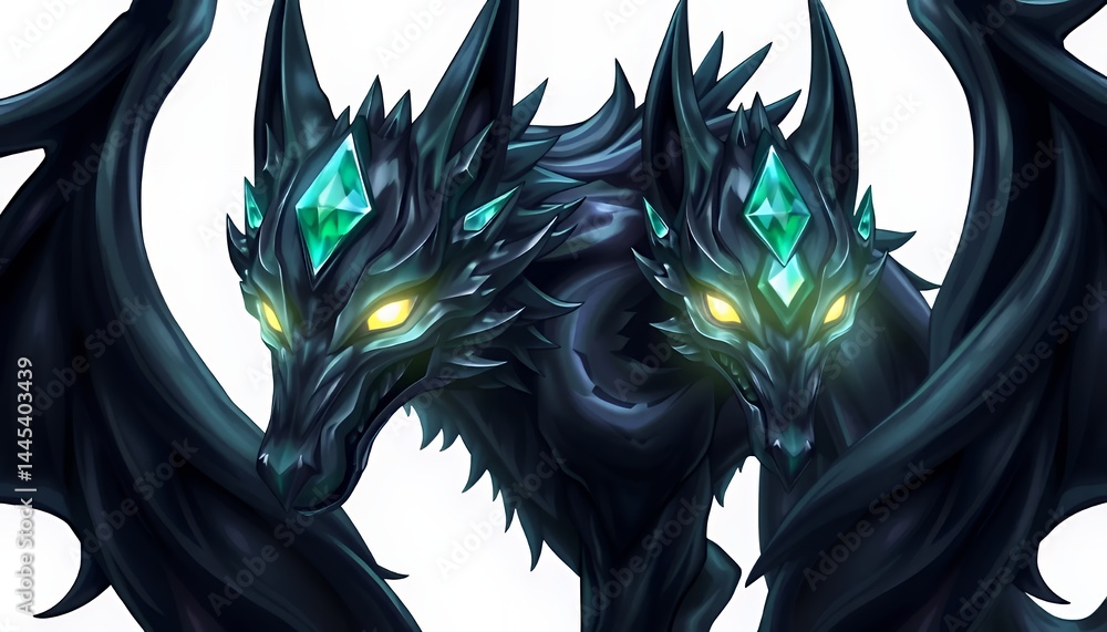 Two Headed Black Dragon with Glowing Yellow Eyes on Isolated White Background A Mystical Beast Creature with Emerald Gems Clip Art Illustration Fantasy Graphic Design