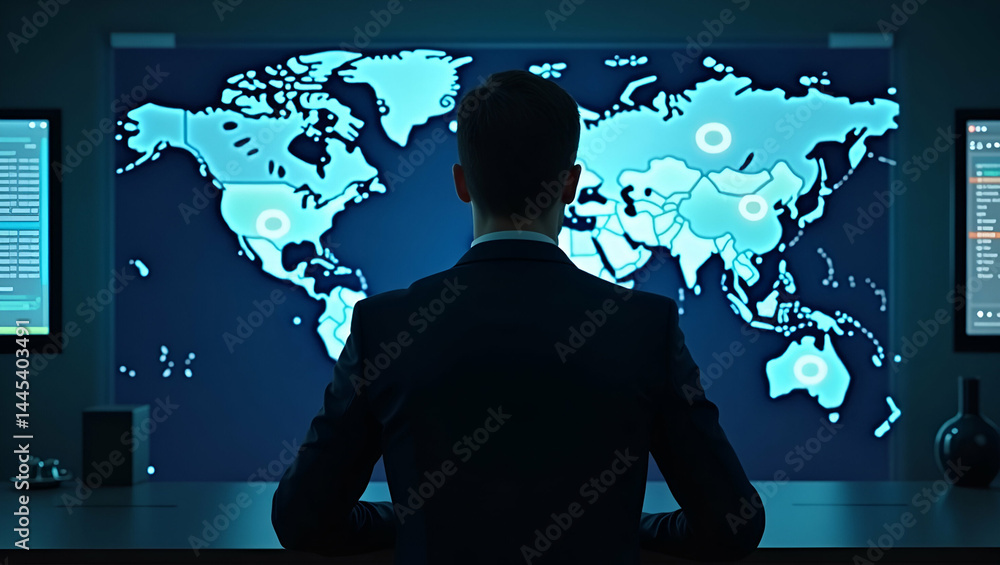 Global strategist monitoring international trade tension developments via live news feeds and policy alerts in corporate war room with world map backdrop in Photo Stock Concept and empty space on t Global strategist monitoring international trade tension developments via live news feeds and policy alerts in corporate war room with world map backdrop in Photo Stock Concept and empty space on t