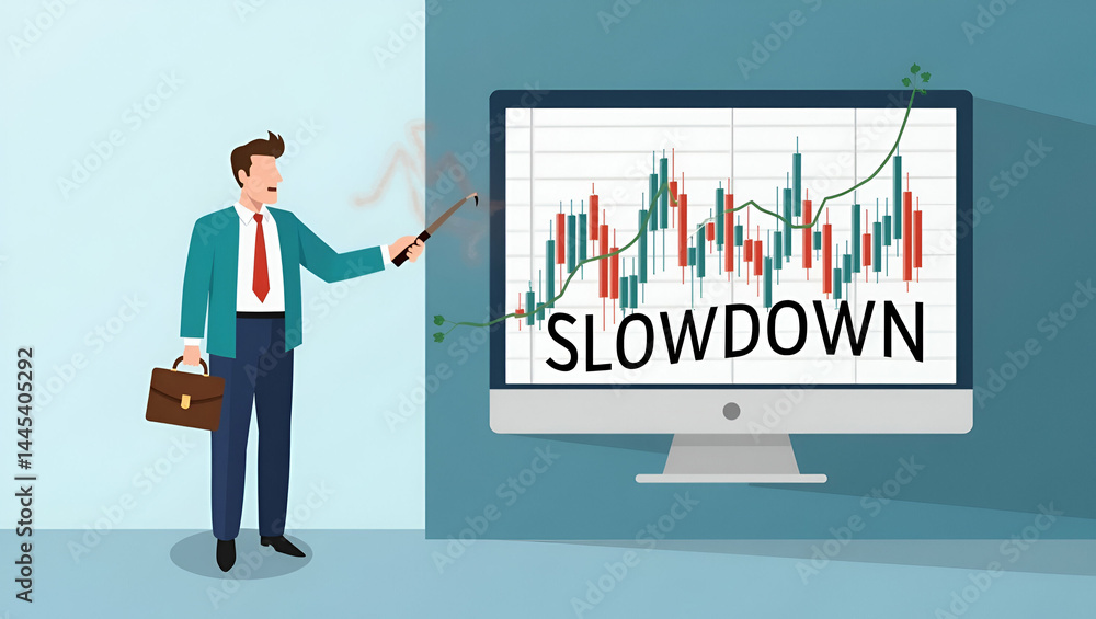 Illustration of downtrend chart and bearish candlestick combination highlighting market sentiment shift with overlay of economic slowdown text caption in Photo Stock Concept and empty space on the Illustration of downtrend chart and bearish candlestick combination highlighting market sentiment shift with overlay of economic slowdown text caption in Photo Stock Concept and empty space on the
