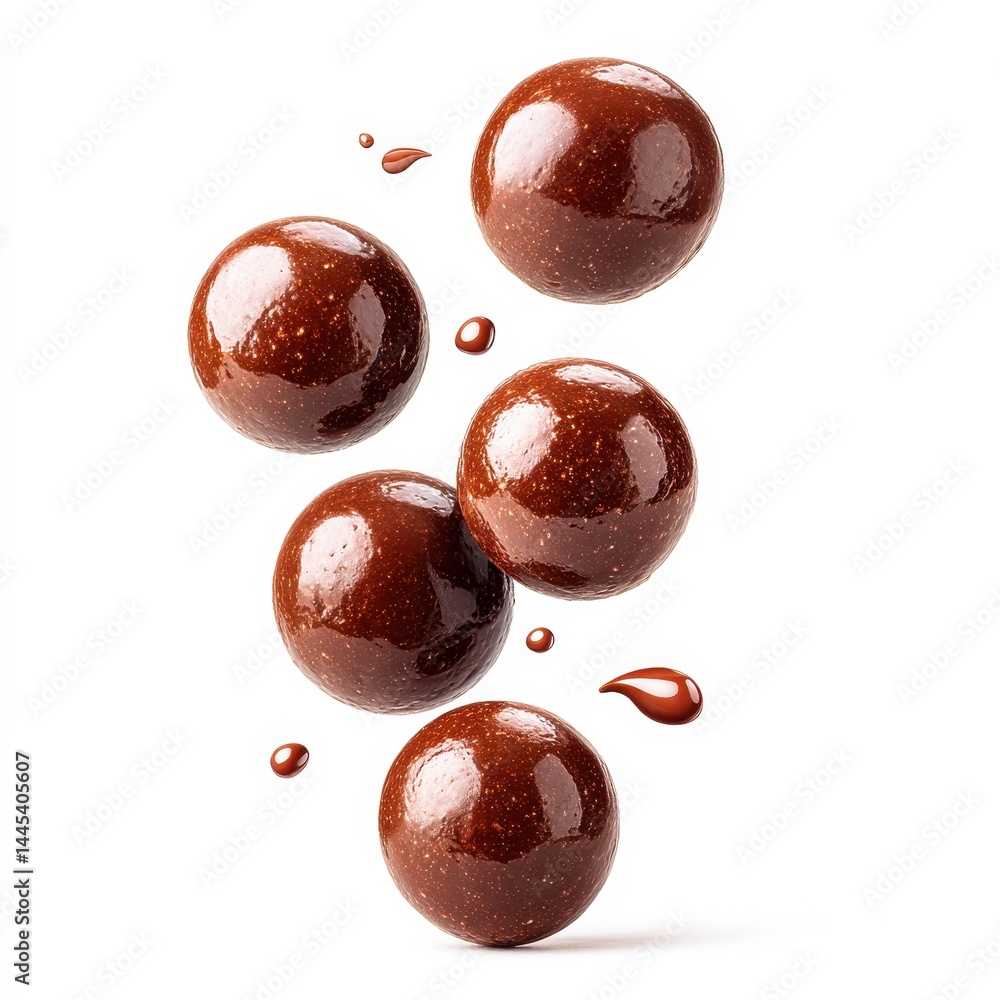 Obraz premium Delightful milk chocolate balls playfully falling into the air captured in artistic style isolated on a white background