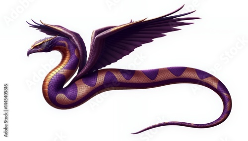 Winged Serpent with Purple and Gold Scales Soaring on White Background A Flat Isolated Mystical Beast Perfect For Decoration Isolated Graphic Artwork