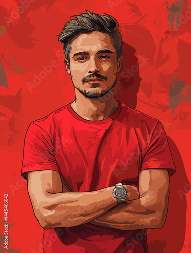 Portrait of a handsome man in a red t-shirt. Vector illustration