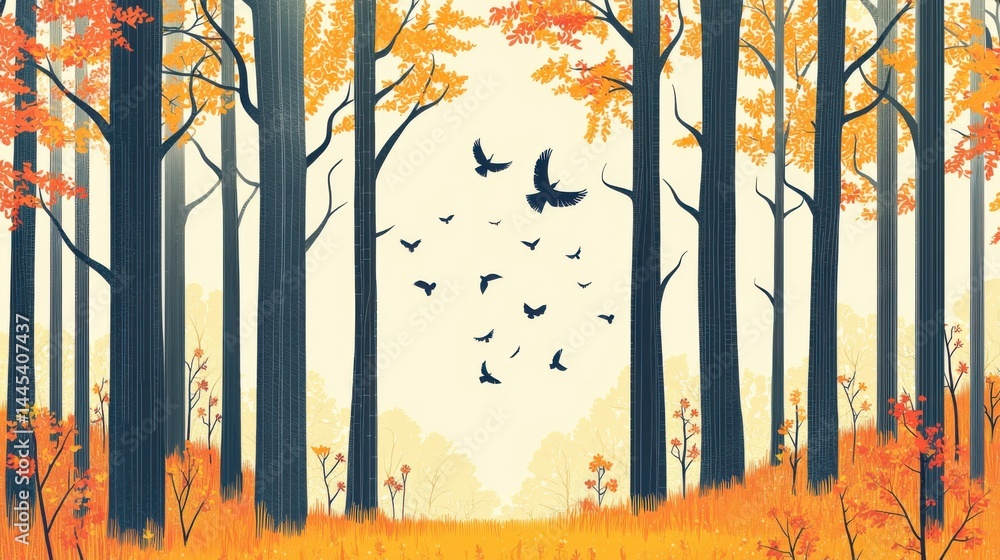 Obraz premium Serene autumn forest landscape with tall trees vibrant orange and yellow foliage, flying birds, and peaceful natural scenery in a colorful woodland setting