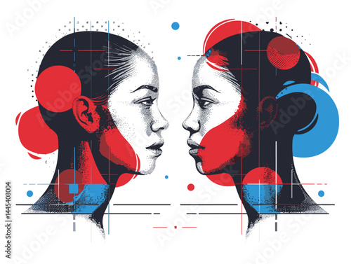 Man and woman face profile. Double exposure. Hand drawn vector illustration.