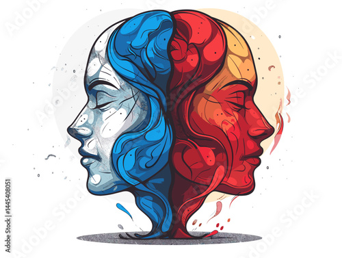 Human head with red, blue and yellow hair. Vector illustration.