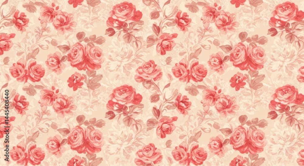 Fototapeta premium Vintage Rose Pattern Wallpaper - Elegant hand-painted floral design. Symbolizing romance, beauty, nostalgia, femininity, and timeless . Perfect for classic home decor