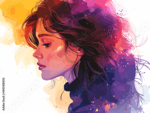 Beautiful woman face with colorful watercolor splash. Vector illustration.