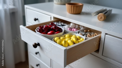 Open drawer filled with various colorful vitamins and supplements in bowls on a white wooden cabinet photo
