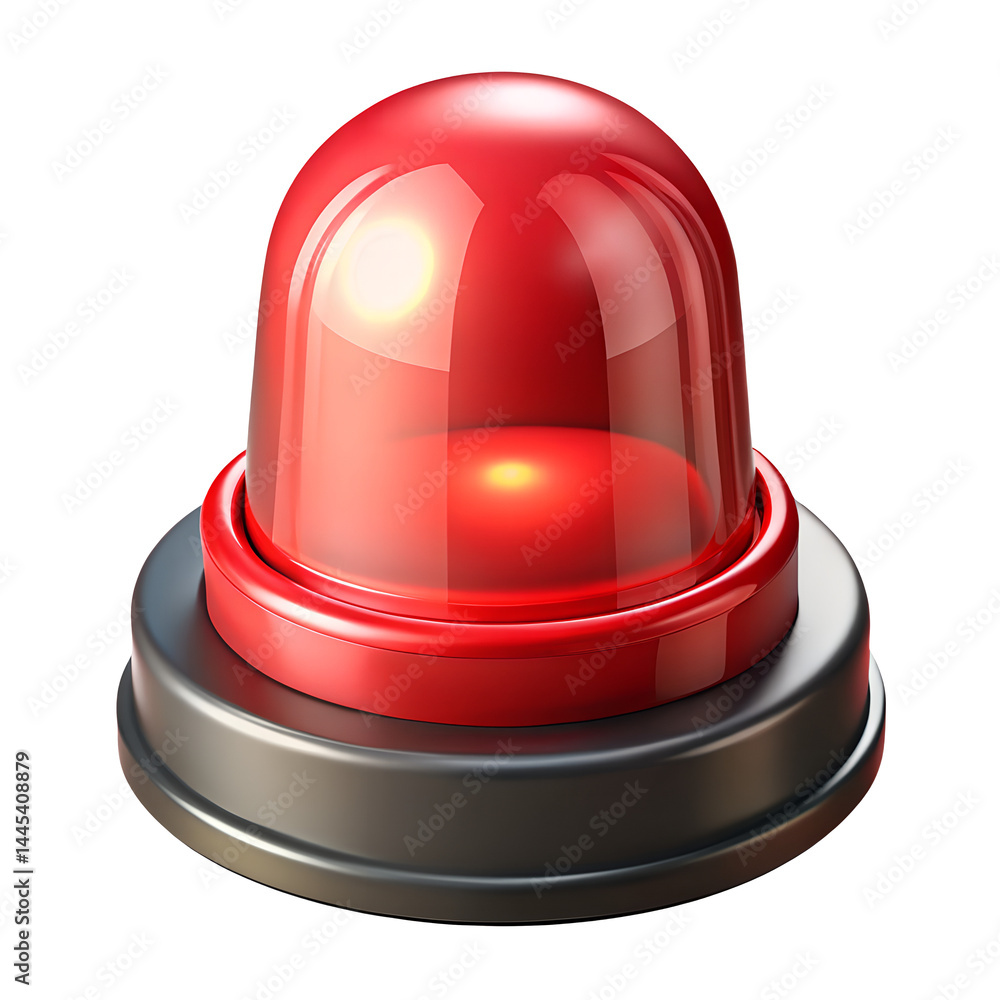 Red emergency warning light with glossy dome and metallic base, 3d render of safety beacon on white background Red emergency warning light with glossy dome and metallic base, 3d render of safety beacon on white background