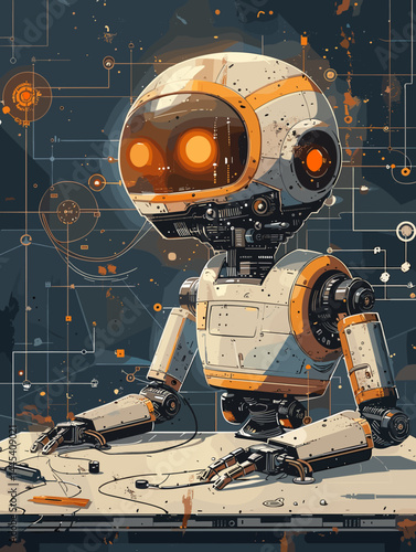 robot on the background of the space. vector illustration in retro style