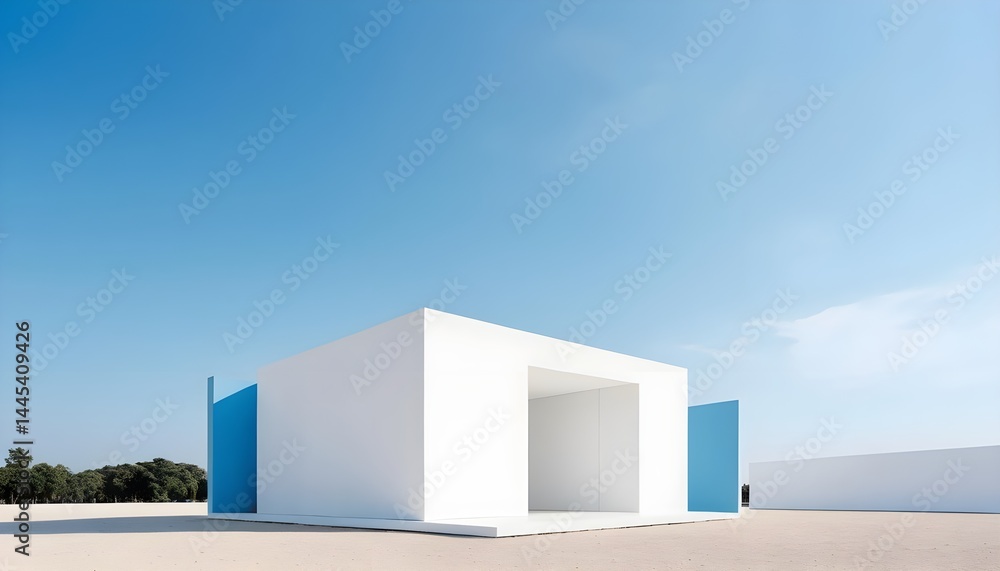 Minimalist White Cube Structure Against Blue Sky Minimalist White Cube Structure Against Blue Sky
