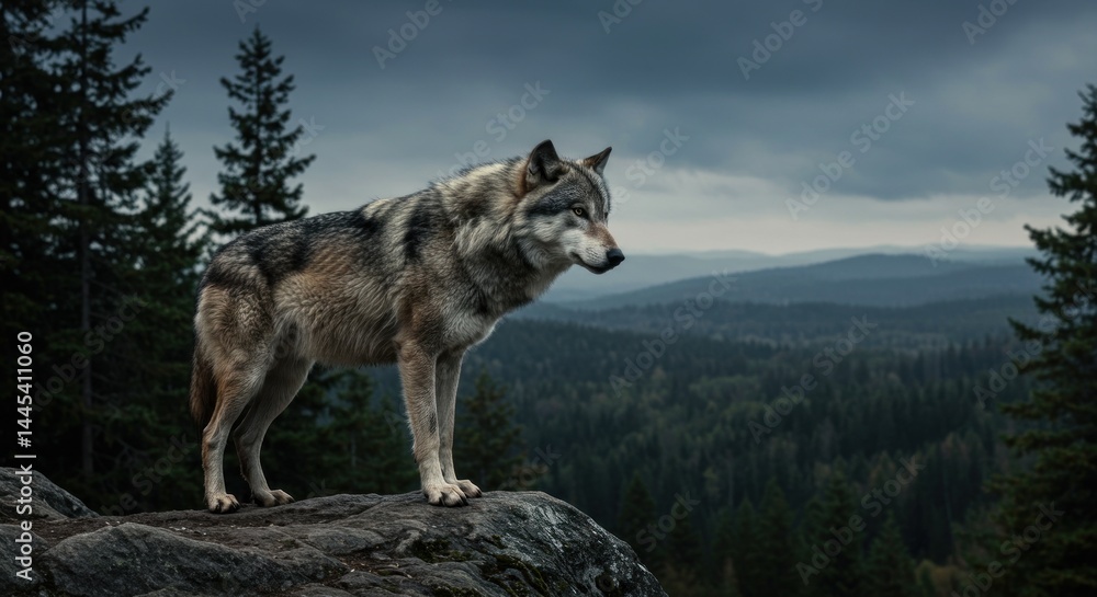 Fototapeta premium Wolf Standing on a Rock (Photo)