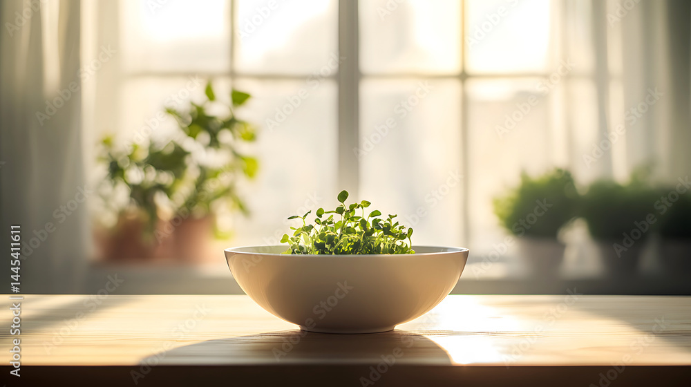 Fresh Greens in a Bowl: A sun-drenched scene showcases a ceramic bowl brimming with vibrant microgreens, placed upon a wooden table. Behind it lies a window. Fresh Greens in a Bowl: A sun-drenched scene showcases a ceramic bowl brimming with vibrant microgreens, placed upon a wooden table. Behind it lies a window.
