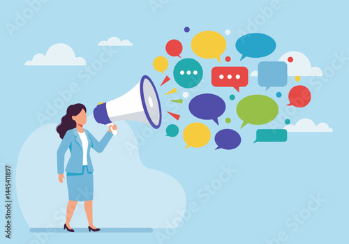 Colorful illustration of a woman with a megaphone surrounded by speech bubbles, symbolizing communication, leadership, and idea expression in business, marketing, or promotional outreach contexts.