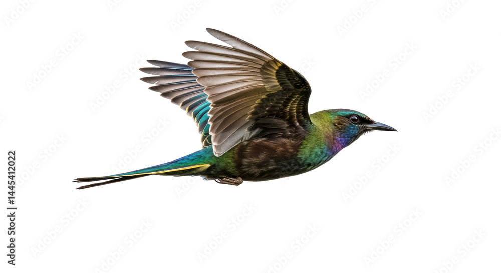 Fototapeta premium Isolated Colorful Starling Bird in Flight with Detailed Feathers