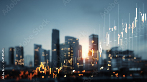 Corporate double exposure of financial graphs with growth trends overlaid on city skyline, symbolizing economic growth and financial value increase.