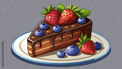 A rich slice of chocolate cake rests on a clean plate.
Juicy strawberries and plump blueberries add vibrant color.
The glossy topping shines with sweet indulgence.
Isolated on transparent background, 