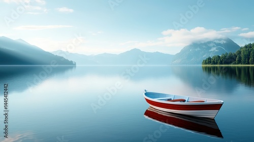 Serene boat on still waters with mountains in the background under a clear sky.