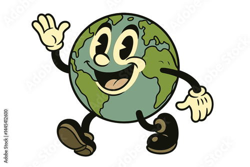 Happy cartoon globe character walking with a smile and waving hand on a white background
