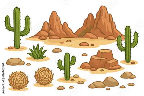 Desert landscape vector icon featuring cacti, rocks, and dry vegetation in a warm climate setting
