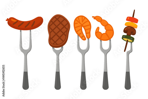 Variety of grilled food represented as vector icons on forks for summer barbecue parties and outdoor gatherings