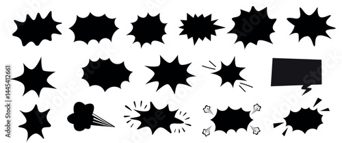 Comic explosion burst and speech bubble set in black silhouette. Pop art boom elements for retro comic design.