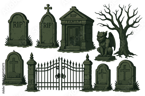 Vector icon set featuring gravestones, a crypt, a gate, a gargoyle, and a tree for a Halloween or horror-themed design