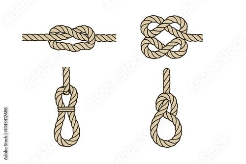 Various knot types including bowline, square knot, and clove hitch displayed in a clear vector style