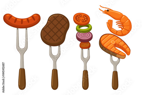 Vector icon collection of grilled food items on forks for barbecue illustration
