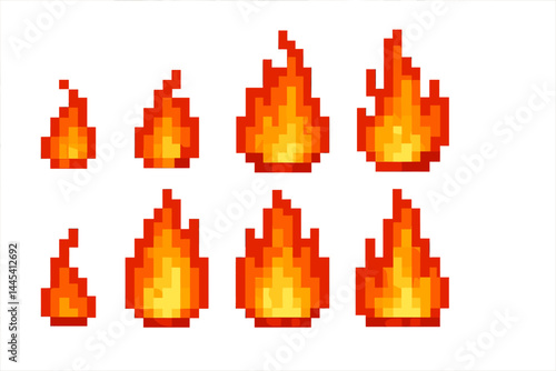 Creative pixel art flames in various sizes for digital design projects and illustrations