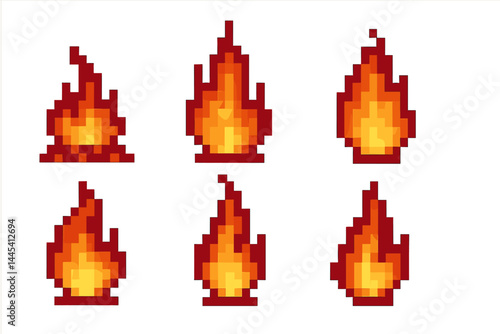 Pixel art fire icons representing different flames in a vibrant retro style suitable for various digital applications