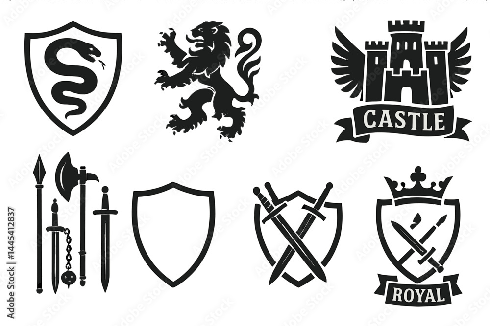 Fototapeta premium Vector icons depicting medieval symbols including shields, weapons, and a castle emblem for creative projects