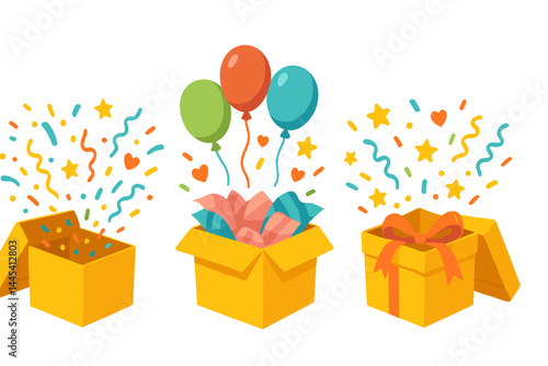 Colorful vector icon depicting festive boxes with balloons, confetti, and stars celebrating joy and surprise for special occasions