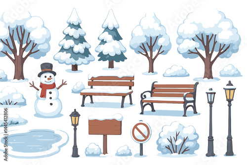 Vector icon depicting a winter scene with a snowman, trees, benches, and street elements in a snowy landscape