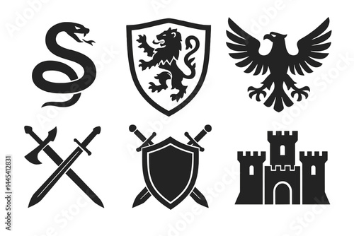 Vector icon set featuring a snake, lion, eagle, swords, shield, and castle for fantasy themes and medieval design elements